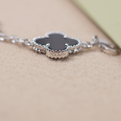 [LUCKY LOVE]CLOVER 5 MOTIF ONYXS  BRACELET SILVER