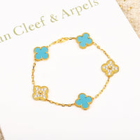 [LUCKY LOVE]CLOVER 5 MOTIF TURQUOISE DIAMOND GOLD BRACELET