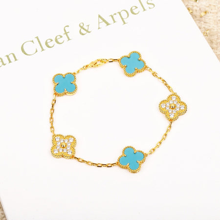 [LUCKY LOVE]CLOVER 5 MOTIF TURQUOISE DIAMOND GOLD BRACELET