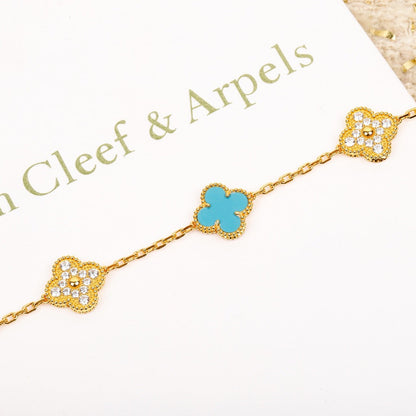 [LUCKY LOVE]CLOVER 5 MOTIF TURQUOISE DIAMOND GOLD BRACELET
