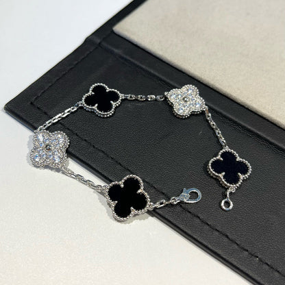 [LUCKY LOVE]CLOVER 5 MOTIF ONYXS DIAMOND BRACELET SILVER