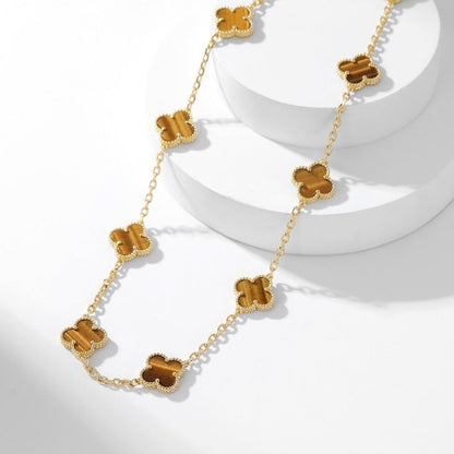 [LUCKY LOVE]CLOVER 10 MOTIFS TIGER EYE NECKLACE