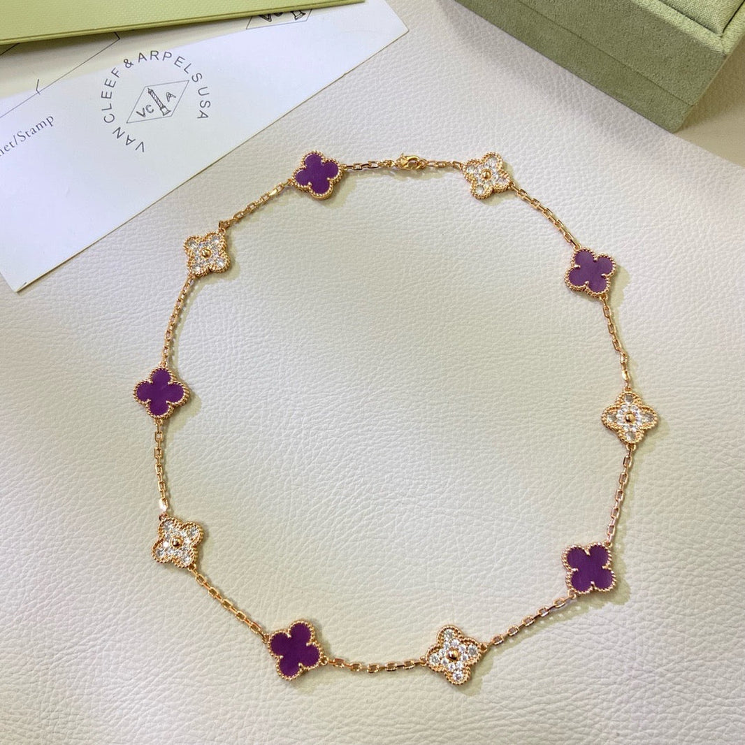 [LUCKY LOVE]CLOVER 10 MOTIFS  PURPLE VIOLET DIAMOND NECKLACE