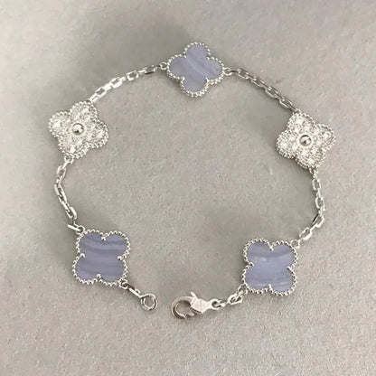 [LUCKY LOVE]CLOVER  5 MOTIF DIAMOND PURPLE CHALCEDONY BRACELET SILVER