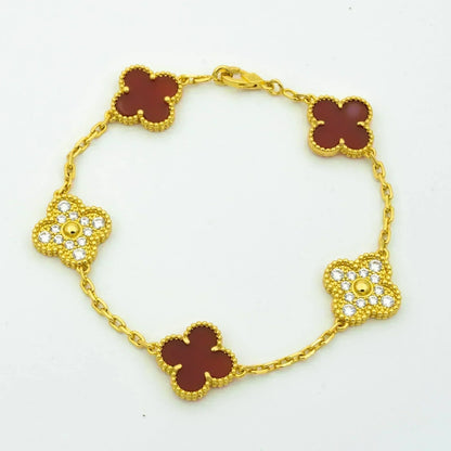 [LUCKY LOVE]CLOVER 5 MOTIFS CARNELIAN DIAMOND BRACELET