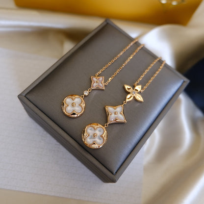 [LUCKY LOVE]COLOR BLOSSOM LARIAT NECKLACE PINK GOLD WHITE MOTHER PEARL AND DIAMOND