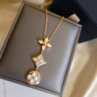[LUCKY LOVE]COLOR BLOSSOM LARIAT NECKLACE PINK GOLD WHITE MOTHER PEARL AND DIAMOND