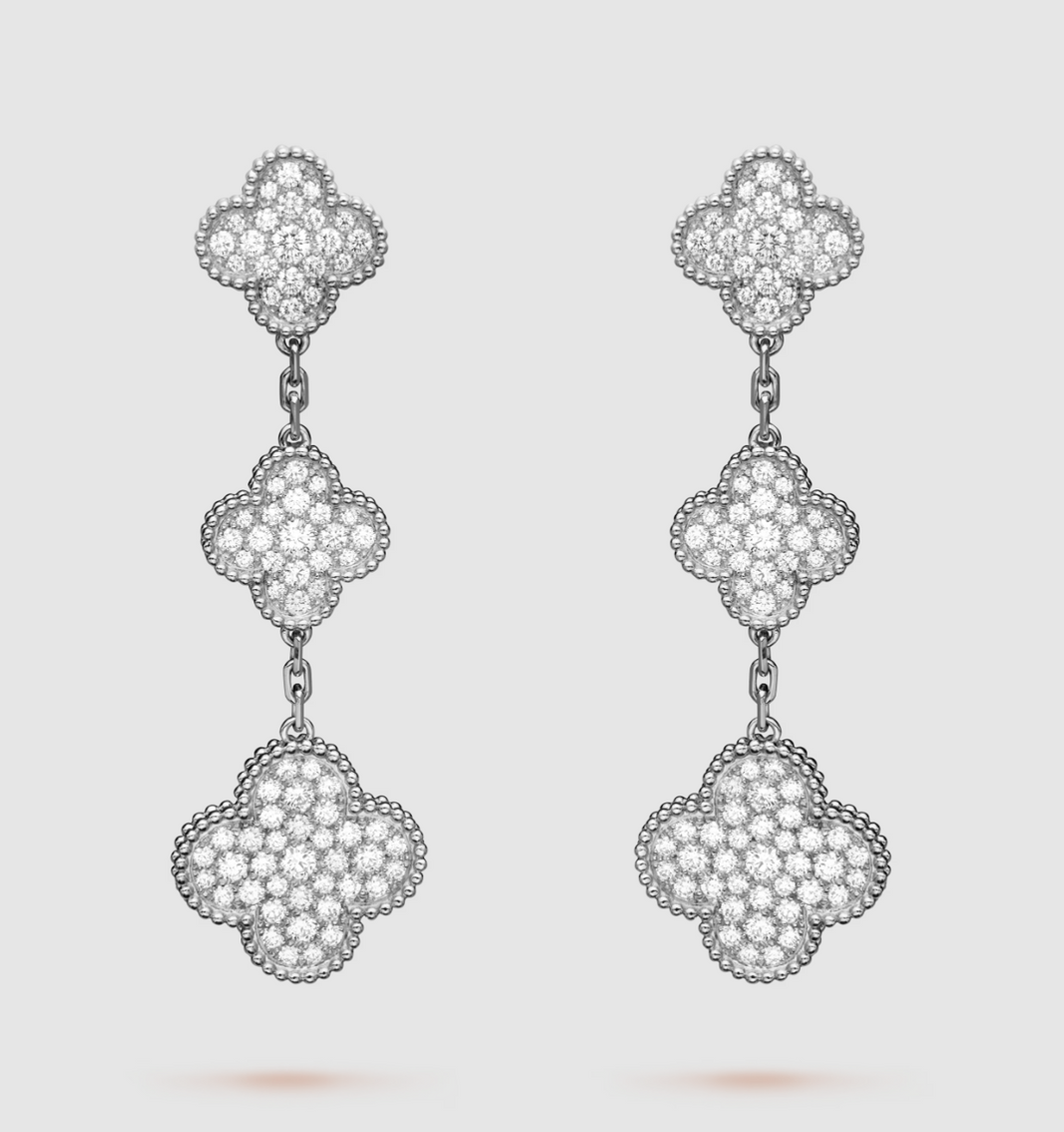 [LUCKY LOVE]CLOVER 3 MOTIF DIAMOND SILVER DROP EARRINGS