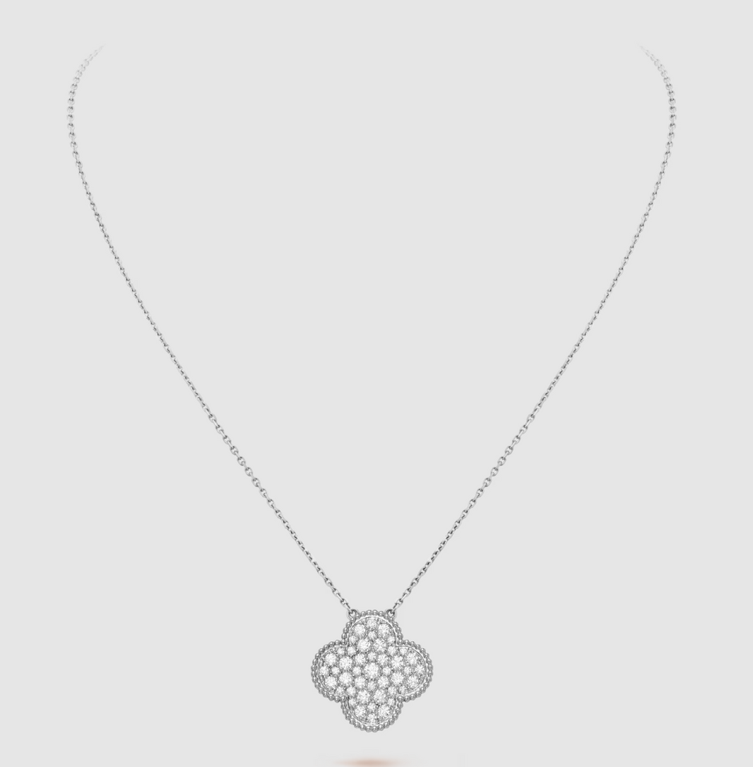 [LUCKY LOVE]CLOVER 25MM LARGE PENDANT DIAMOND PAVED SILVER NECKLACE