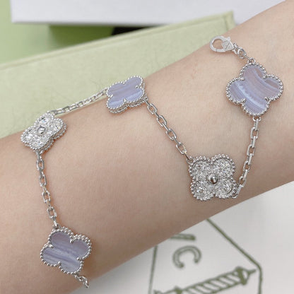 [LUCKY LOVE]CLOVER  5 MOTIF DIAMOND PURPLE CHALCEDONY BRACELET SILVER