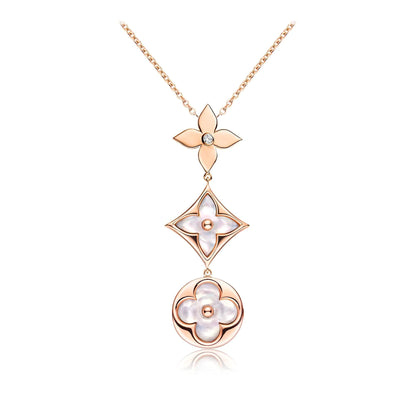 [LUCKY LOVE]COLOR BLOSSOM LARIAT NECKLACE PINK GOLD WHITE MOTHER PEARL AND DIAMOND
