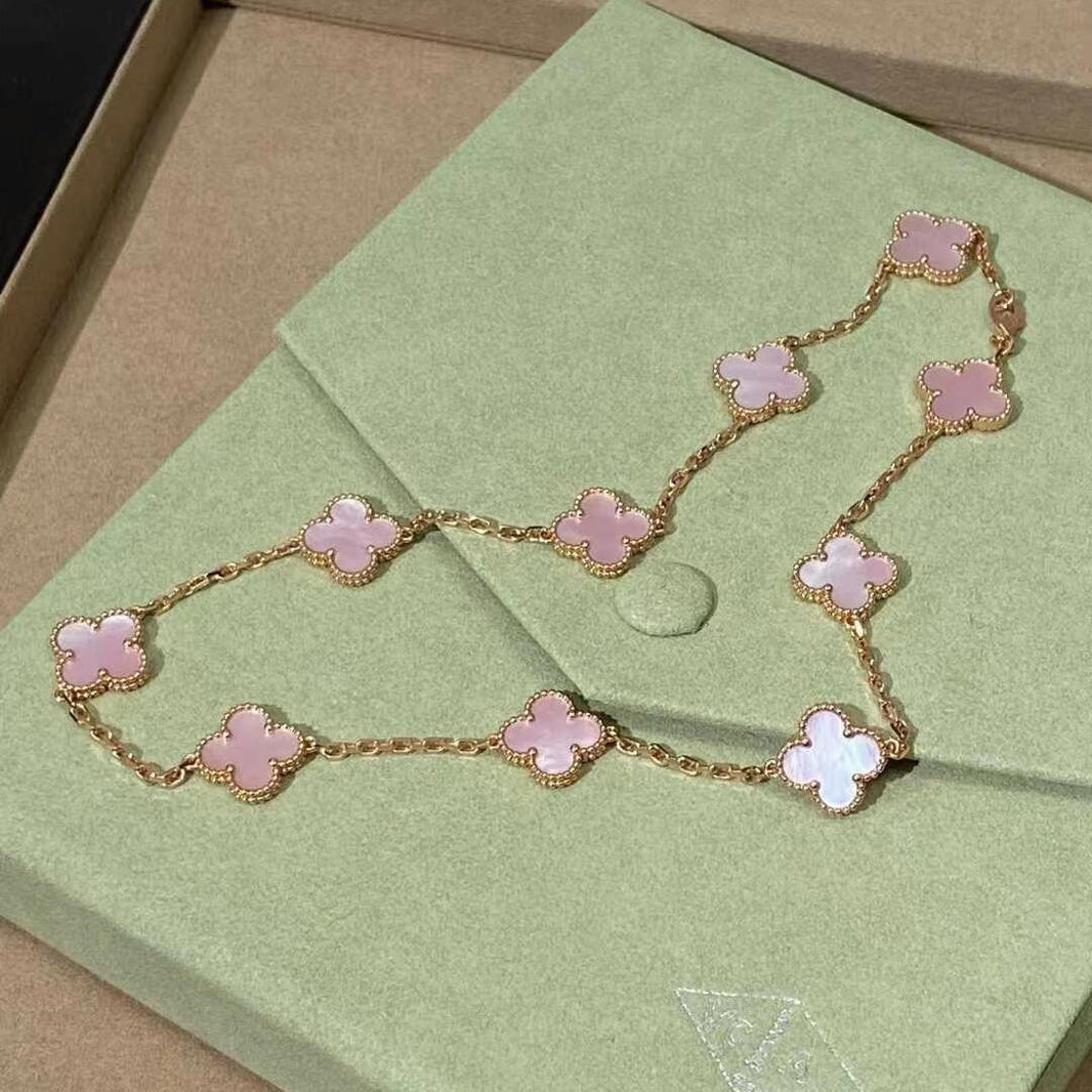 [LUCKY LOVE]CLOVER 10 MOTIFS PINK MOP NECKLACE
