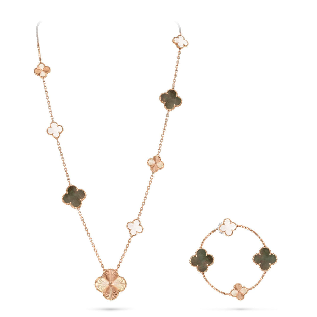 [LUCKY LOVE]DETACHABLE CLOVER 15(11+4) FLOWER ROSE GOLD NECKLACE SET