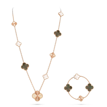 [LUCKY LOVE]DETACHABLE CLOVER 15(11+4) FLOWER ROSE GOLD NECKLACE SET