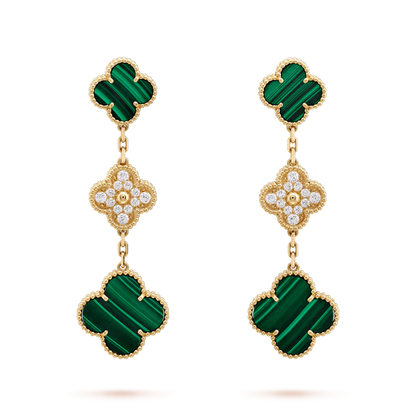 [LUCKY LOVE]CLOVER EARRINGS GOLD MALACHITE DIAMOND 3 MOTIF
