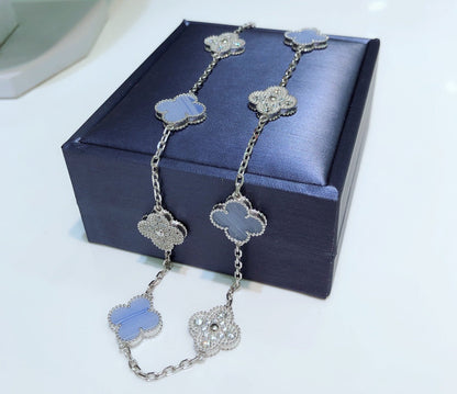 [LUCKY LOVE]CLOVER 10 MOTIFS CHALCEDONY DIAMONDS SILVER NECKLACE
