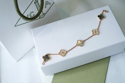 [LUCKY LOVE]CLOVER 5 MOTIFS DARK MOP AND DIAMONDS ROSE GOLD BRACELET