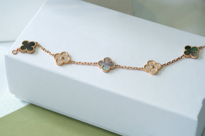[LUCKY LOVE]CLOVER 5 MOTIFS DARK MOP AND DIAMONDS ROSE GOLD BRACELET
